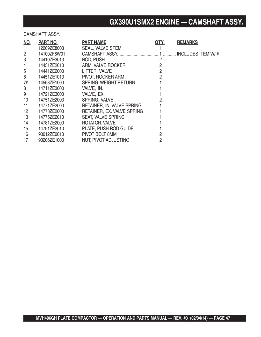 Multiquip MVH406GH SEAL, Valve Stem, ROD, Push, ARM, Valve Rocker, LIFTER, Valve, PIVOT, Rocker ARM, SPRING, Weight Return 