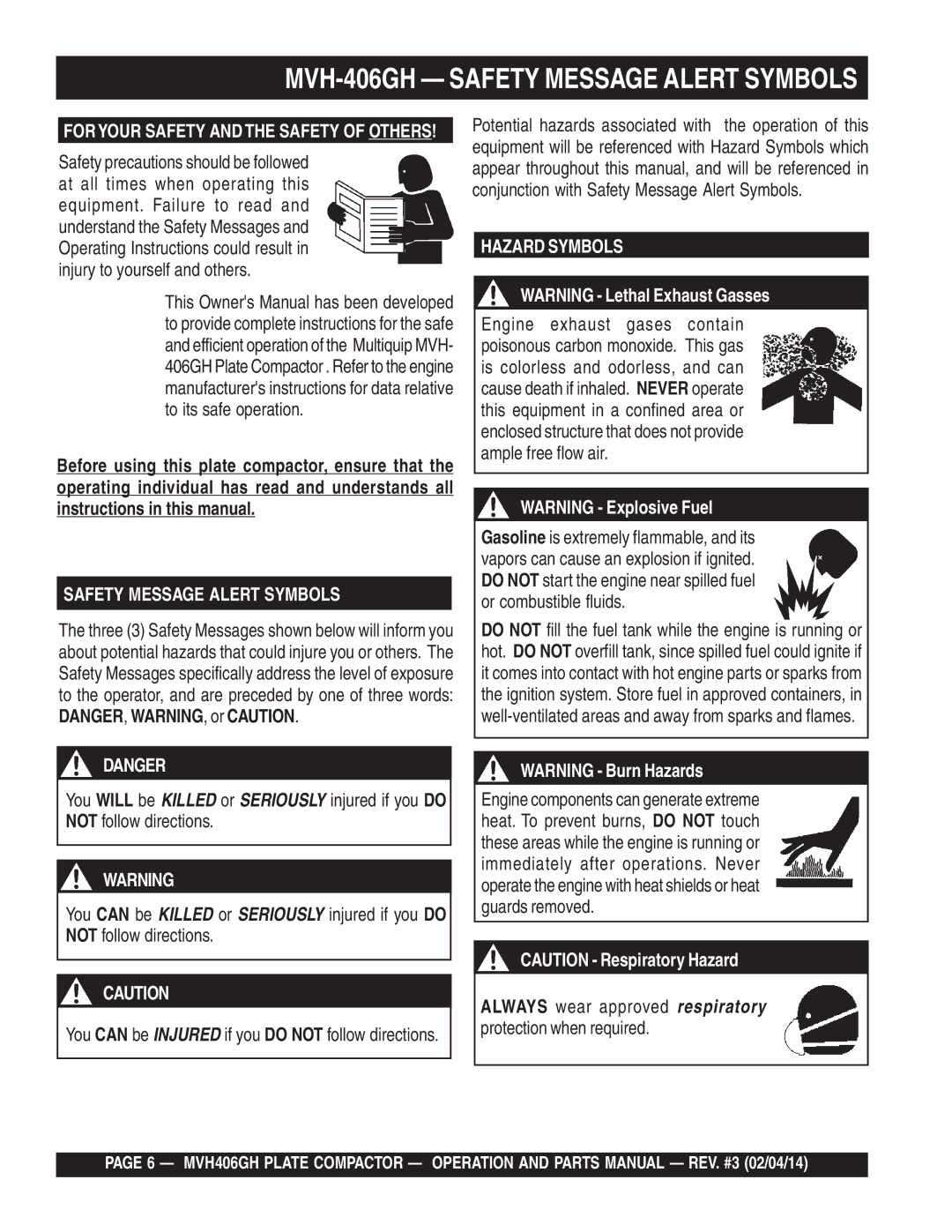 Multiquip MVH406GH manual MVH-406GH Safety Message Alert Symbols 