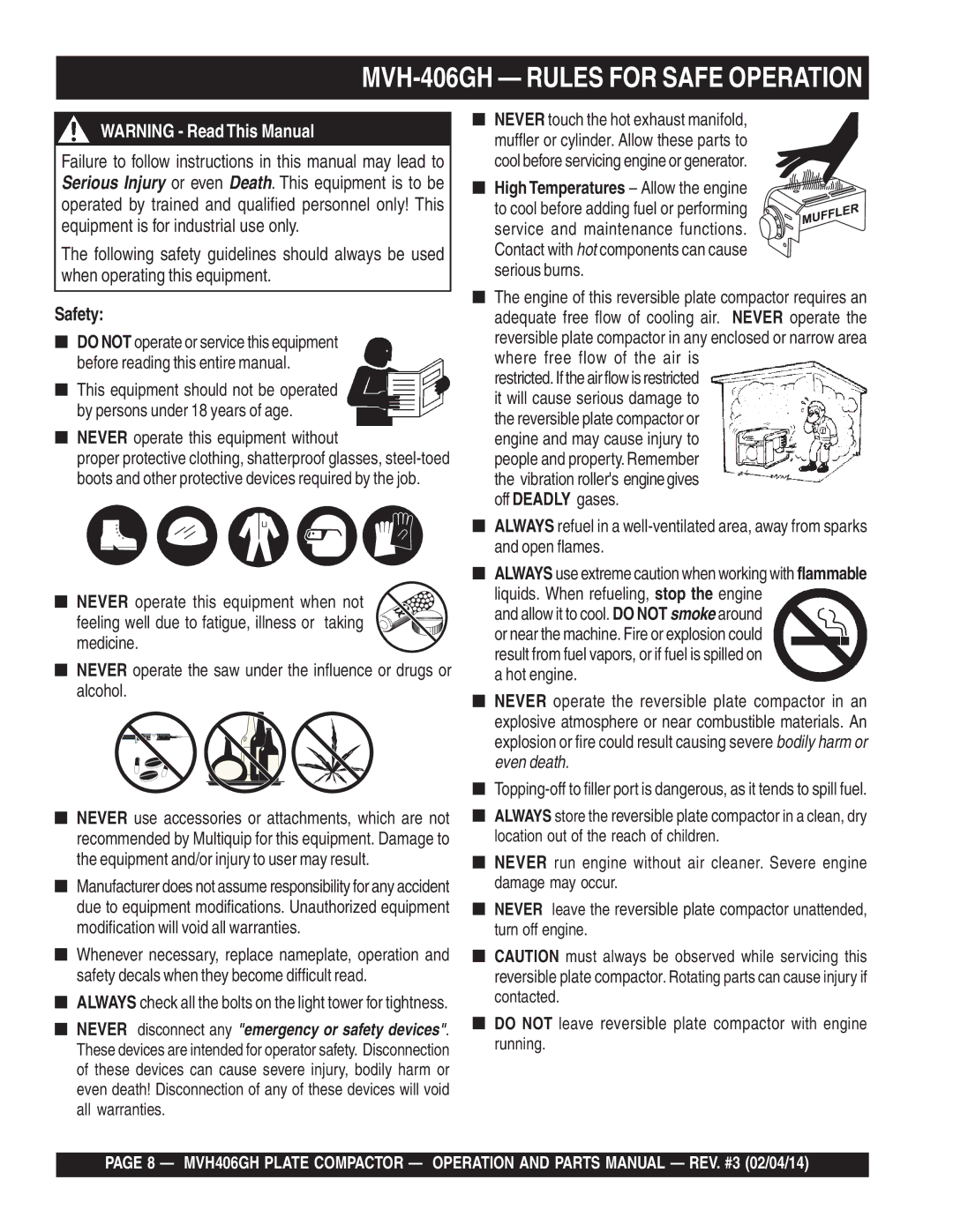 Multiquip MVH406GH manual MVH-406GH Rules for Safe Operation 