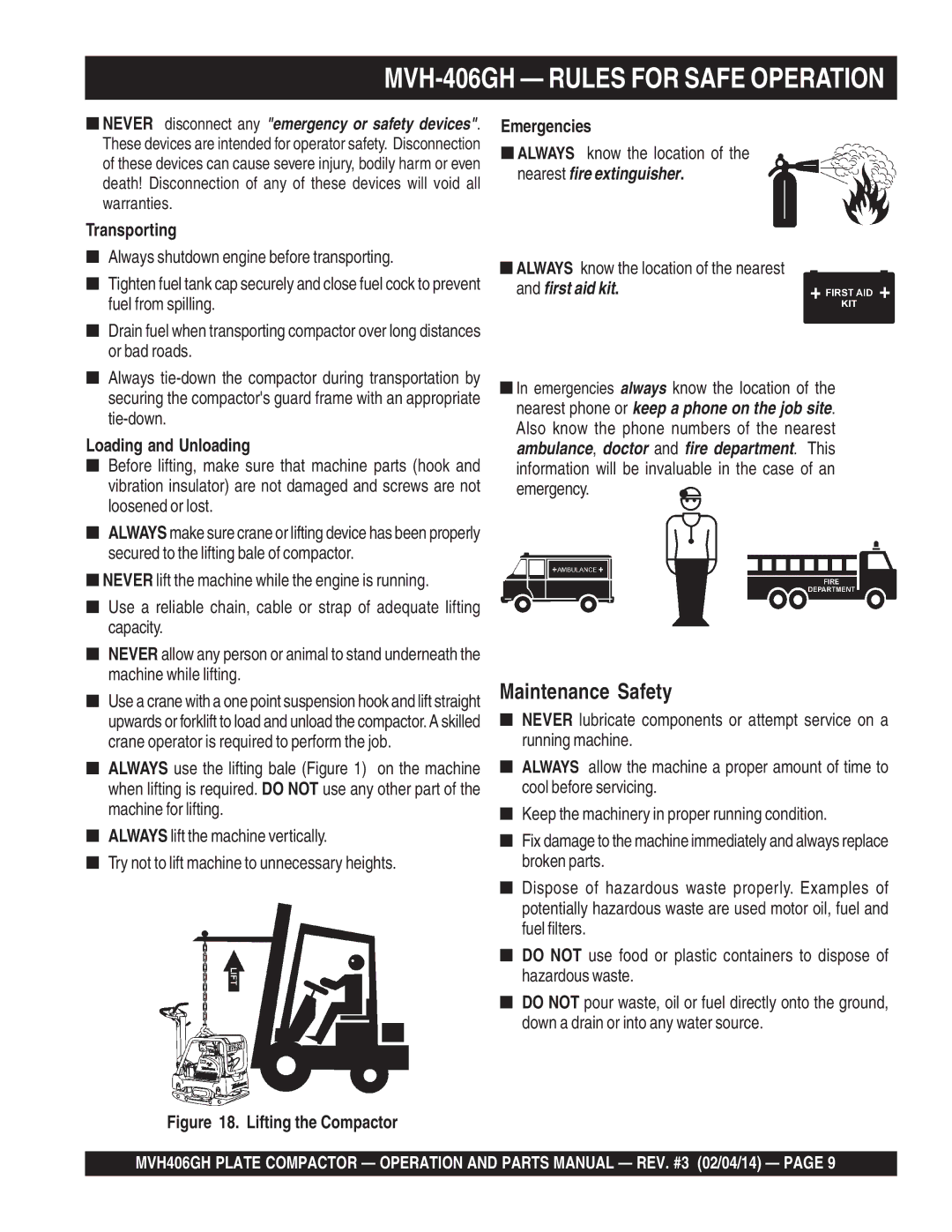 Multiquip MVH406GH manual Transporting, Loading and Unloading, Emergencies 