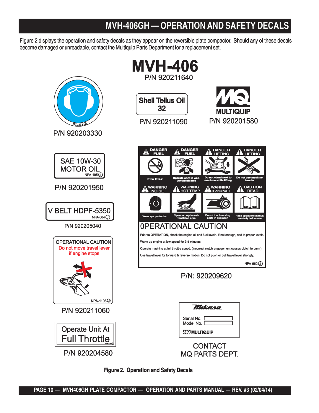 Multiquip MVH406GH manual MVH-406GH - OPERATION AND SAFETY DECALS, Operation and Safety Decals 