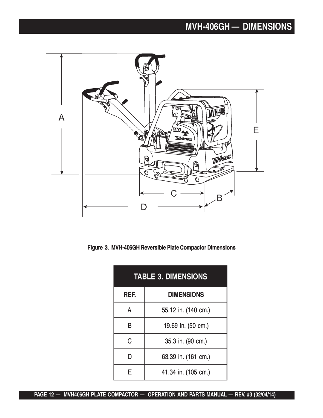 Multiquip MVH406GH manual MVH-406GH - DIMENSIONS, MVH-406GH Reversible Plate Compactor Dimensions 
