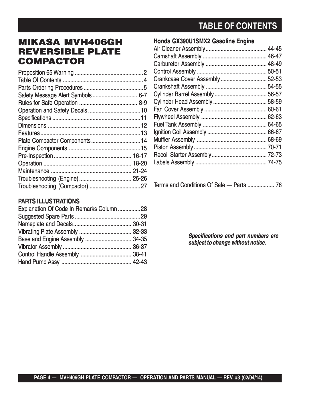 Multiquip manual Table Of Contents, MIKASA MVH406GH, Reversible Plate, Compactor, Parts Illustrations 
