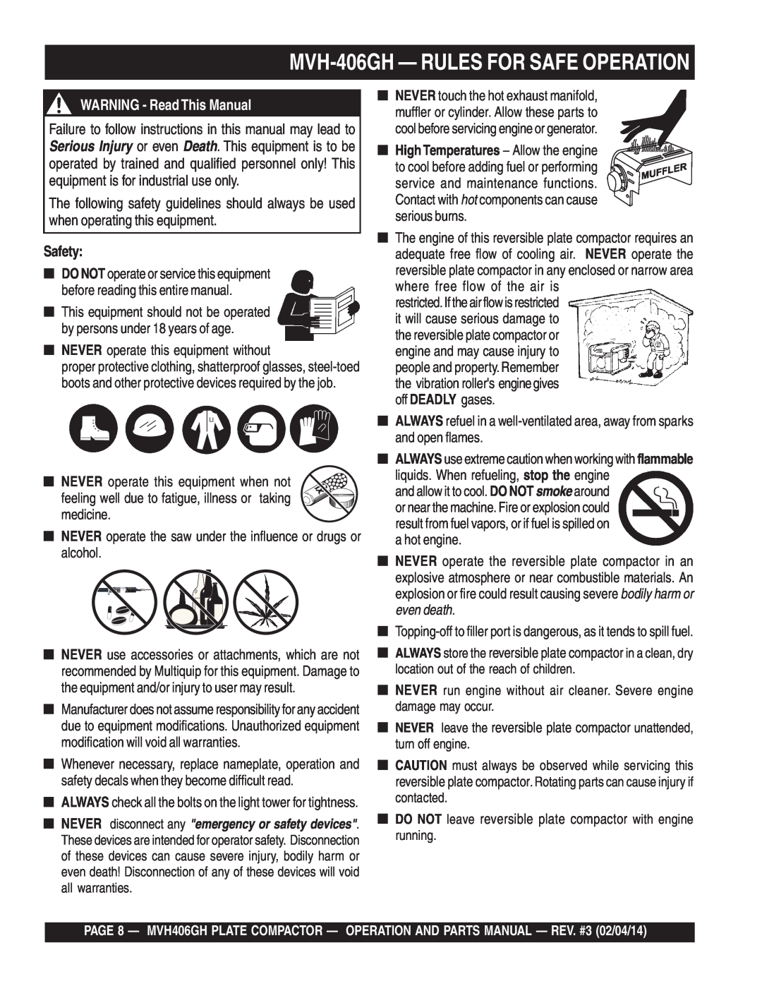Multiquip MVH406GH manual MVH-406GH - RULES FOR SAFE OPERATION, WARNING - ReadThis Manual, Safety 