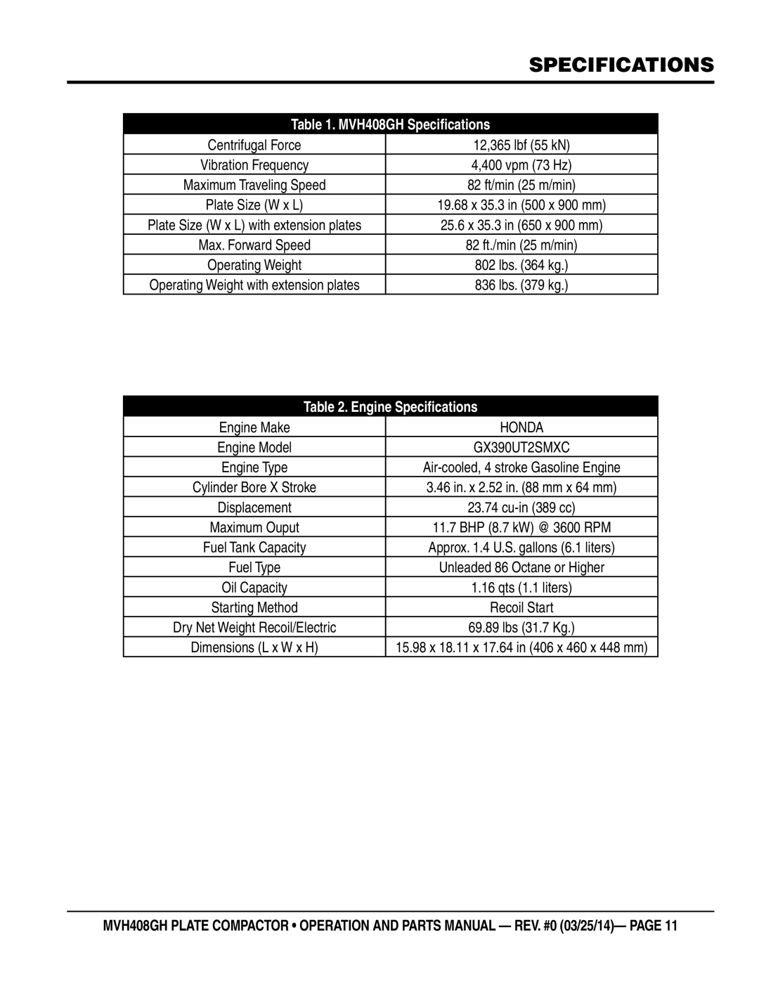 Multiquip MVH408GH manual Specifications, Centrifugal Force 12,365 lbf 55 kN, Engine Make, Honda 