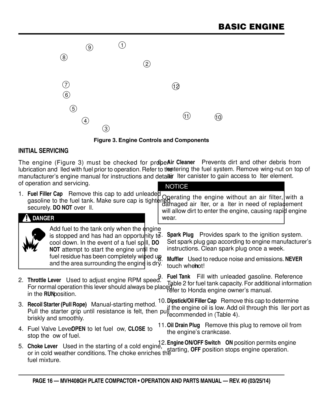 Multiquip MVH408GH manual Basic Engine, Initial Servicing 