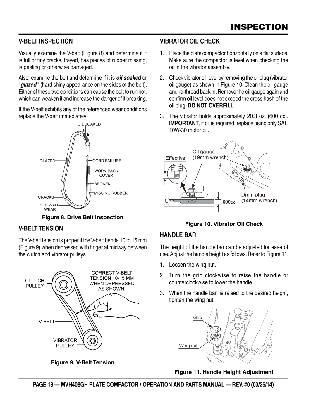 Multiquip MVH408GH manual Belt Inspection, Belt Tension, Vibrator OIL Check, Handle BAR 