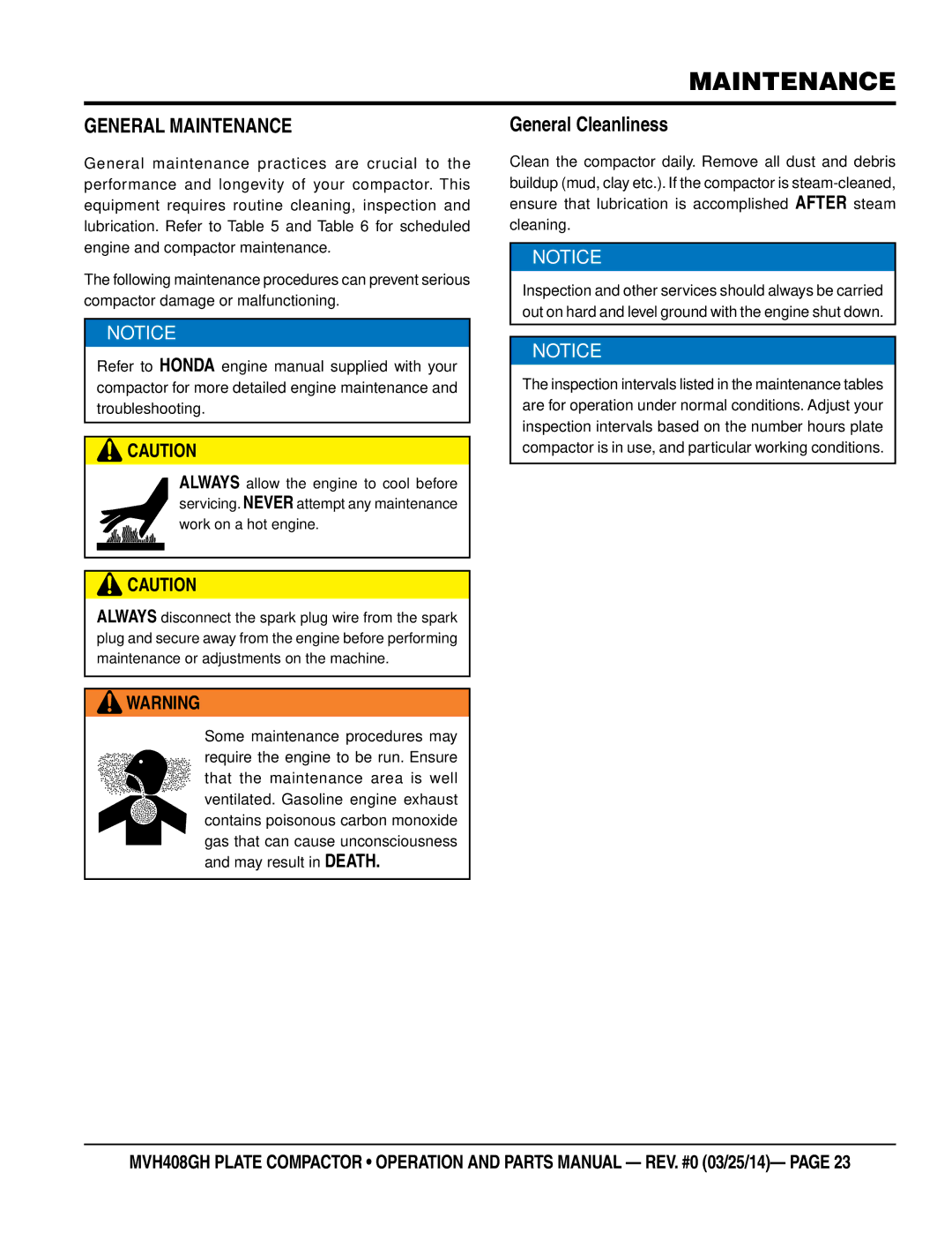 Multiquip MVH408GH manual General Maintenance 