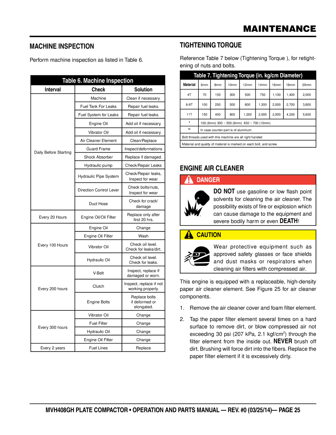Multiquip MVH408GH manual Machine Inspection, Tightening Torque, Engine AIR Cleaner 