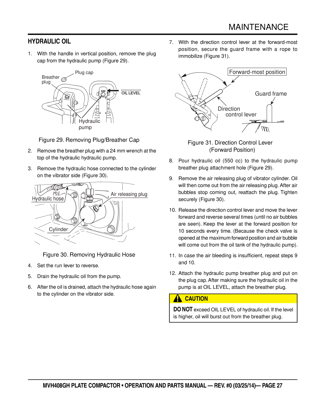 Multiquip MVH408GH manual Hydraulic OIL, Case the air bleeding is insufficient, repeat steps 9 