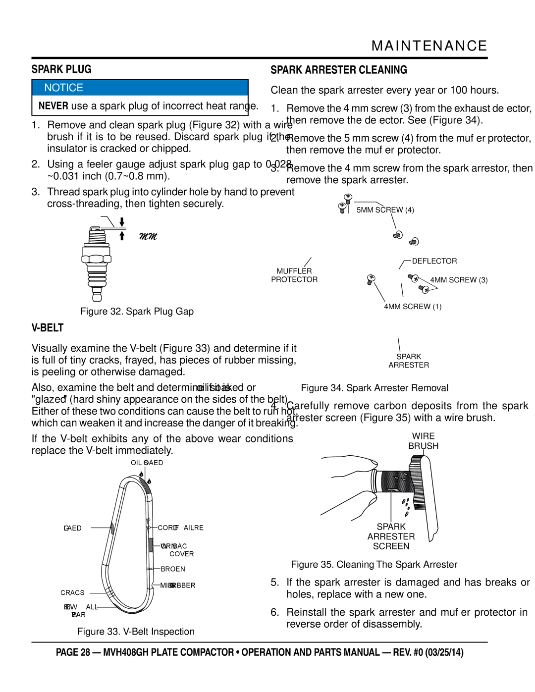 Multiquip MVH408GH manual Spark Plug, Belt, Spark Arrester Cleaning 