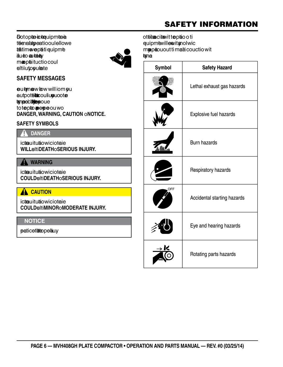 Multiquip MVH408GH manual Safety Information, Safety Messages 