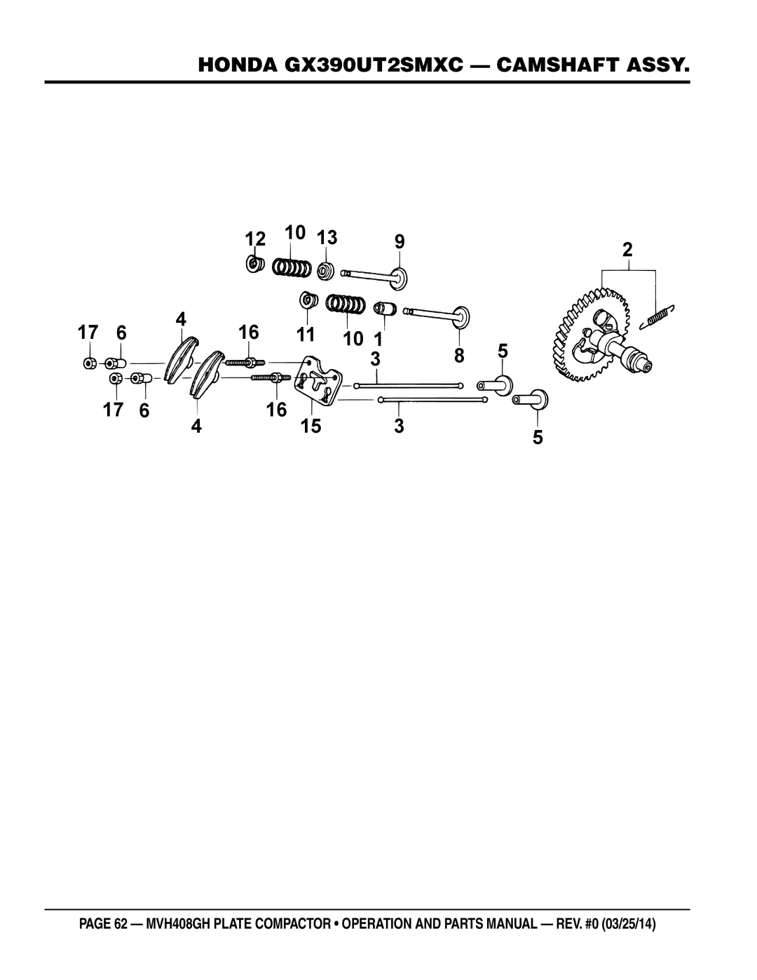 Multiquip MVH408GH manual Honda GX390UT2SMXC Camshaft Assy 