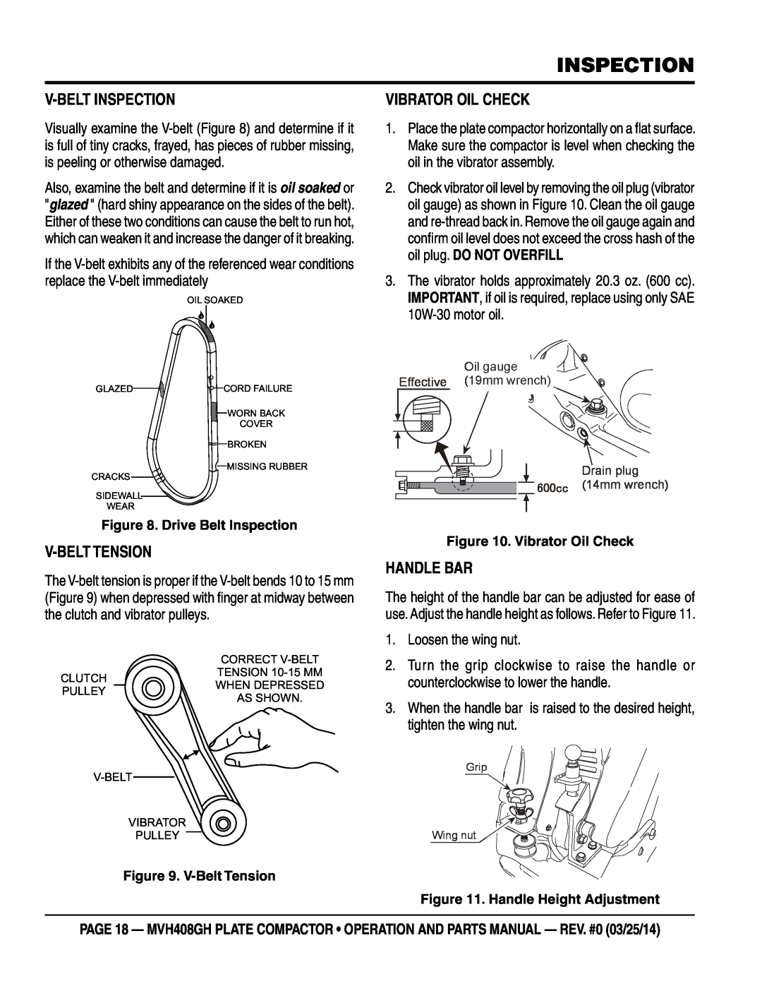 Multiquip MVH408GH manual V-Belt Inspection, V-Belt Tension, Vibrator Oil Check, Handle Bar 