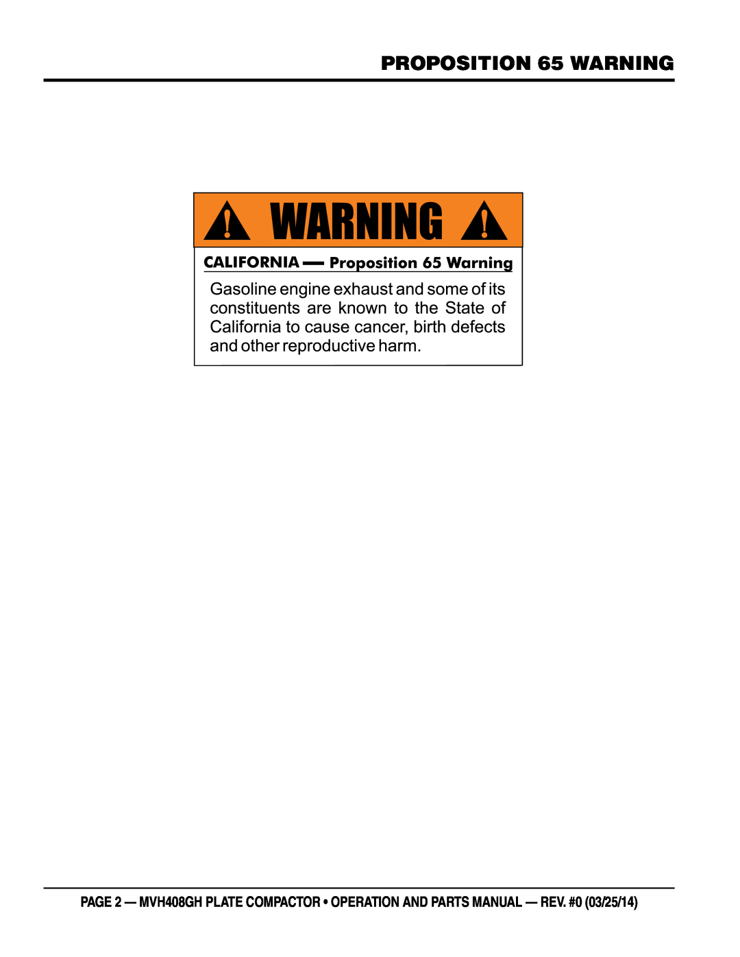 Multiquip MVH408GH manual PROPOSITION 65 WARNING 