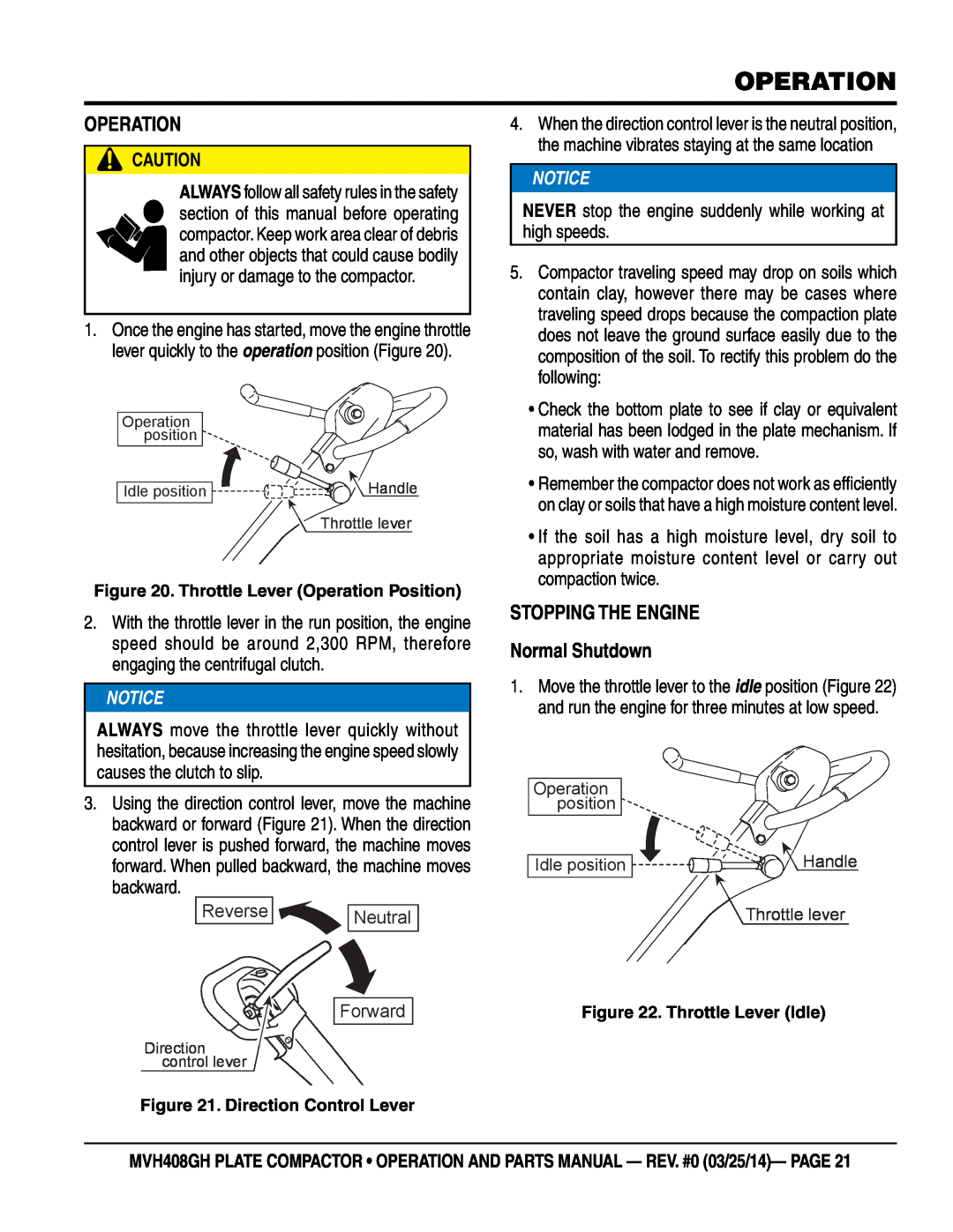 Multiquip MVH408GH manual Operation, STOPPING THE ENGINE Normal Shutdown 