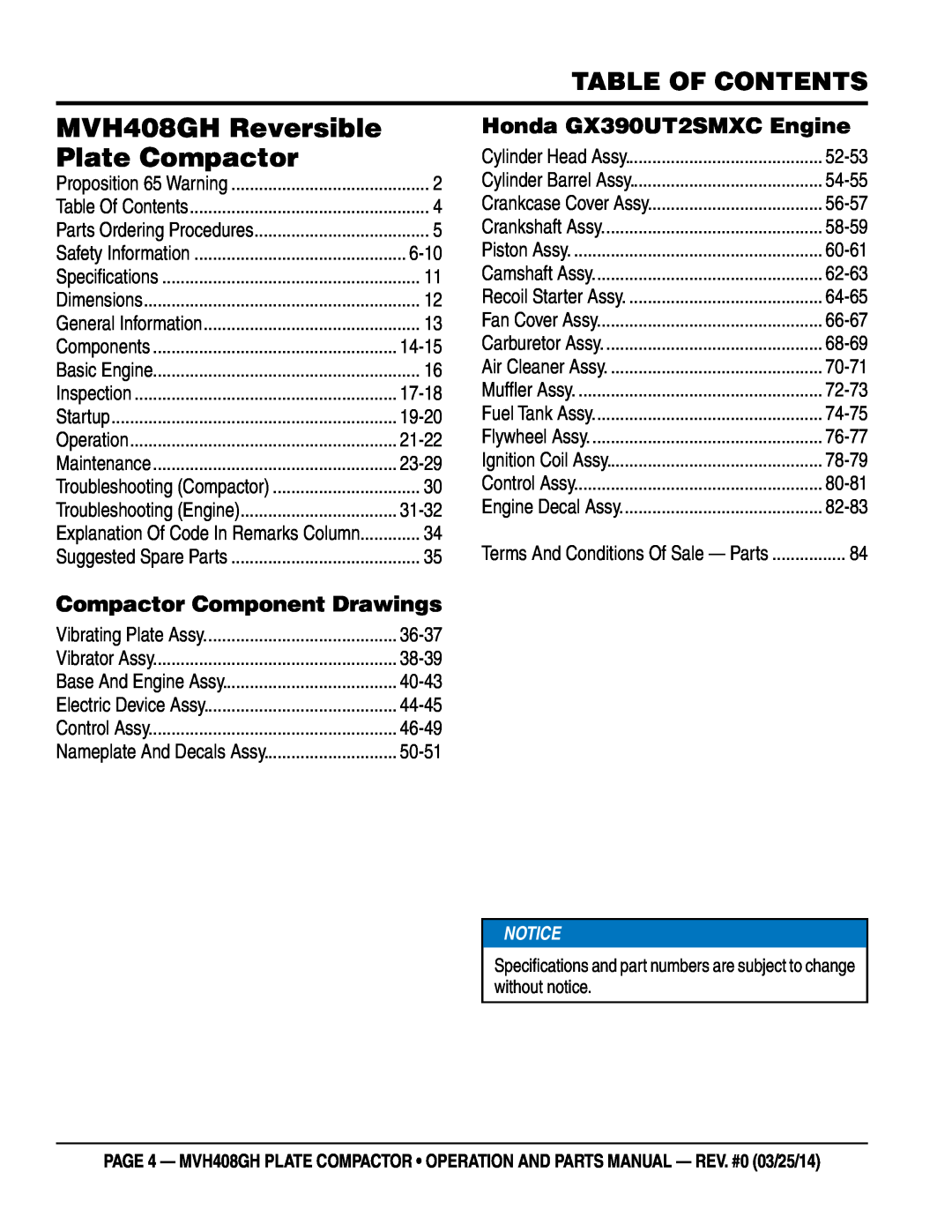Multiquip manual Table Of Contents, Compactor Component Drawings, Honda GX390UT2SMXC Engine, MVH408GH Reversible, 6-10 