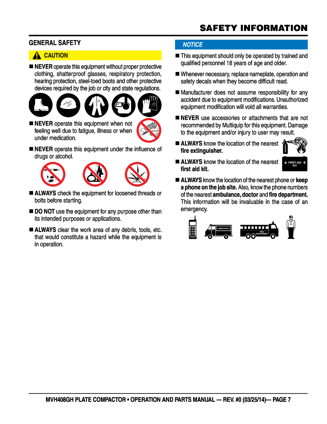 Multiquip MVH408GH manual General Safety, Safety Information 