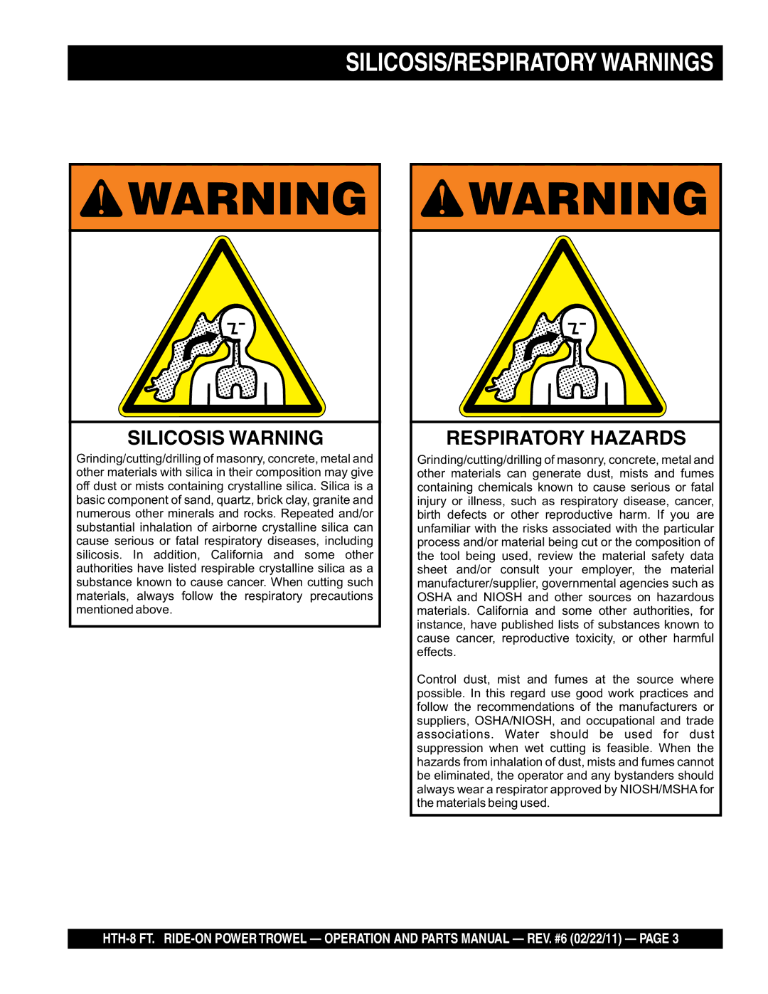 Multiquip N/A manual SILICOSIS/RESPIRATORY Warnings 