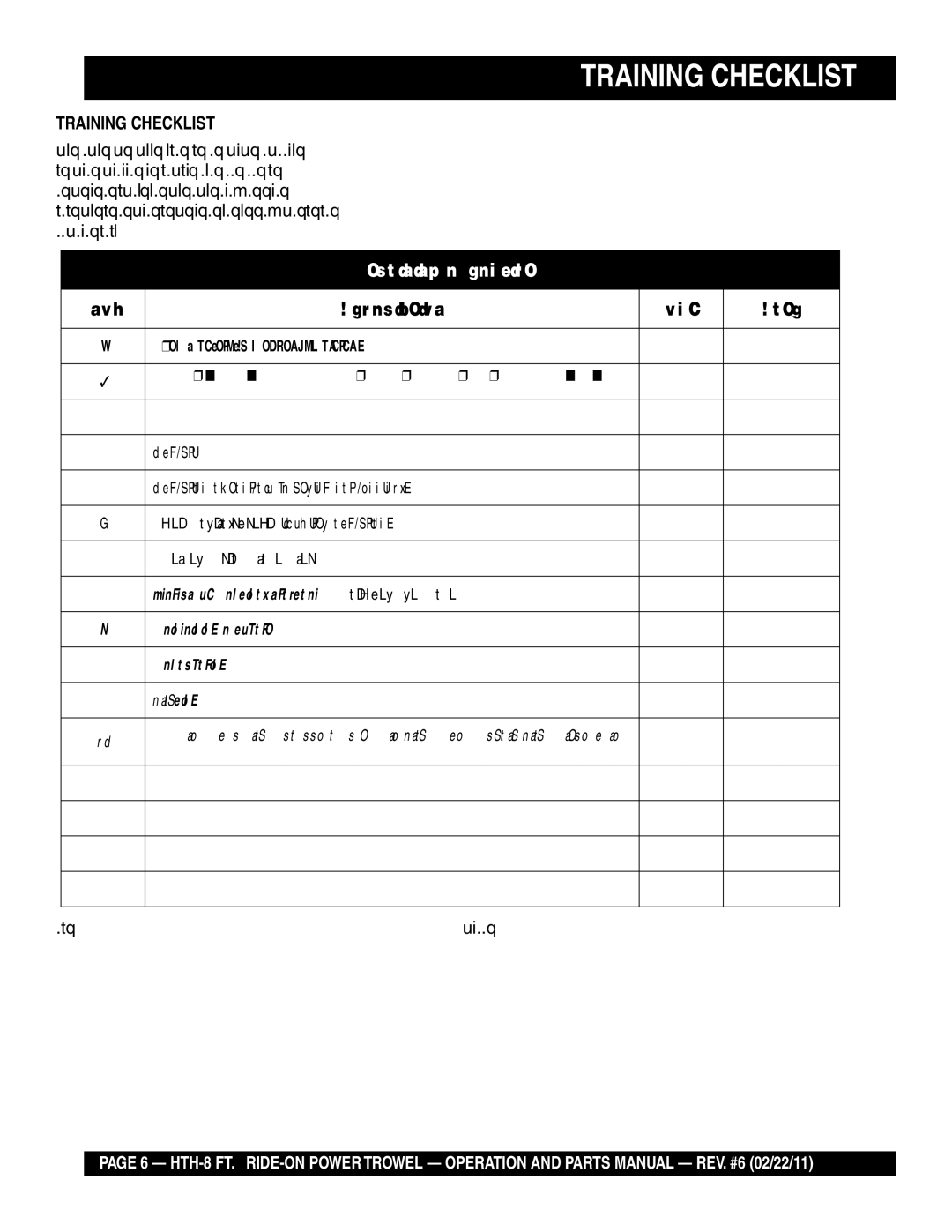 Multiquip N/A manual Training Checklist, Comments 