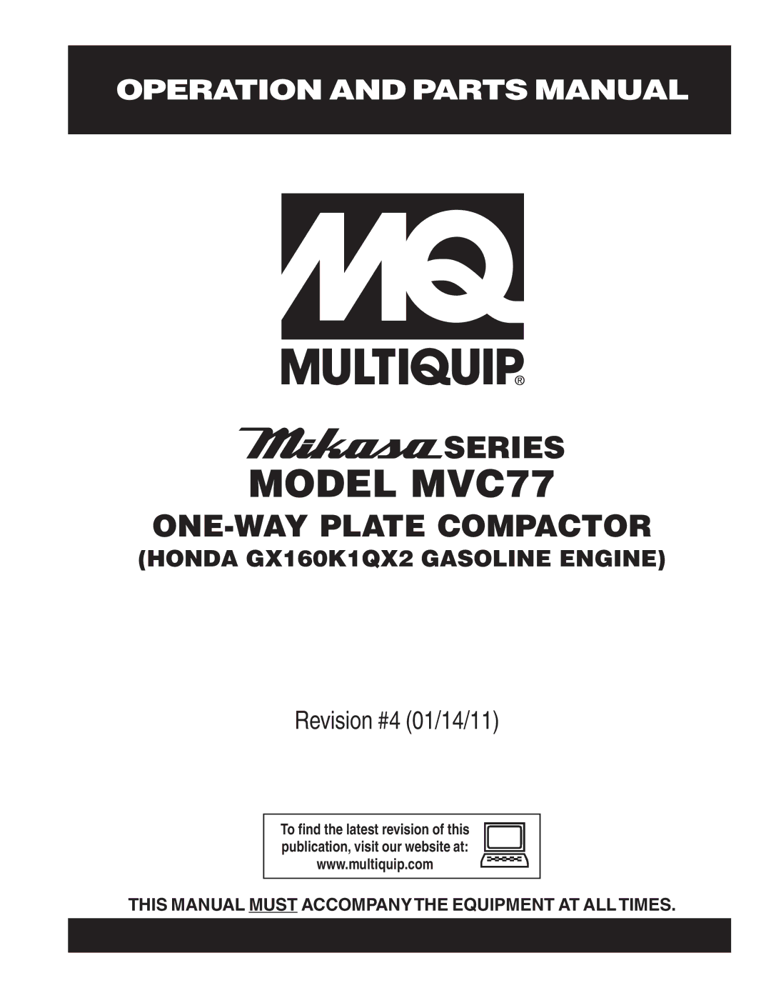 Multiquip ONE-WAY PLATE COMPACTOR manual Model MVC77 