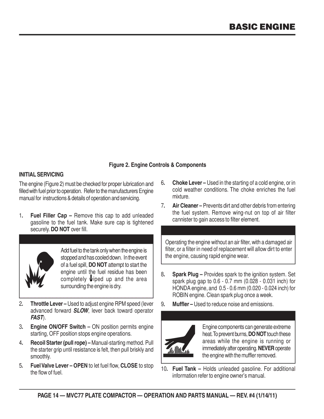 Multiquip ONE-WAY PLATE COMPACTOR manual Basic Engine, Initial Servicing 