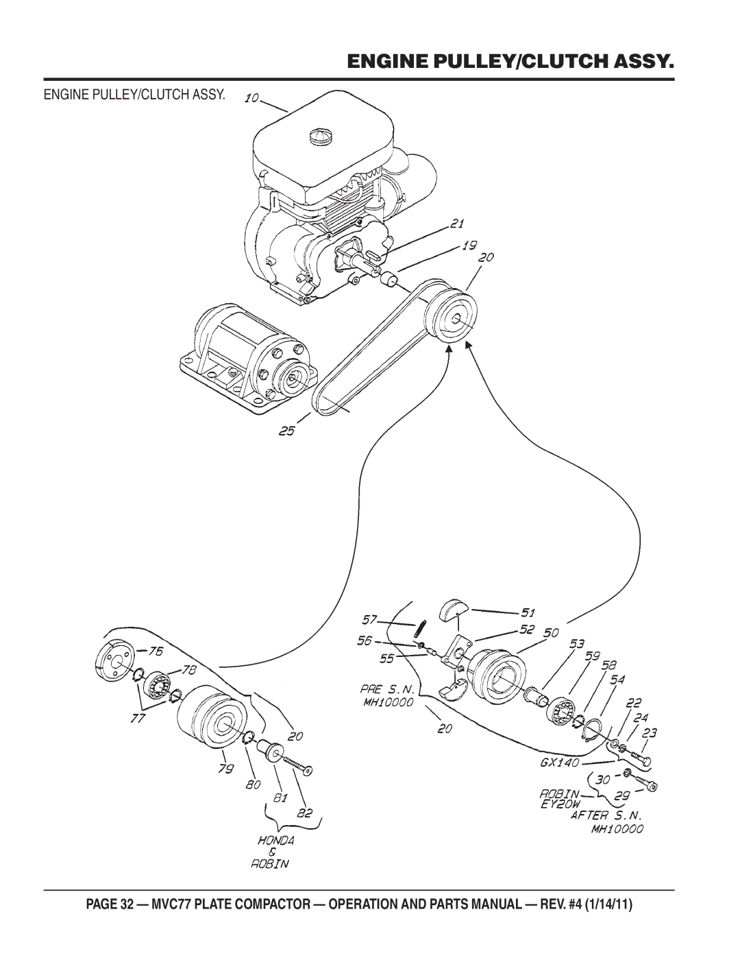 Multiquip ONE-WAY PLATE COMPACTOR manual Engine PULLEY/CLUTCH Assy 