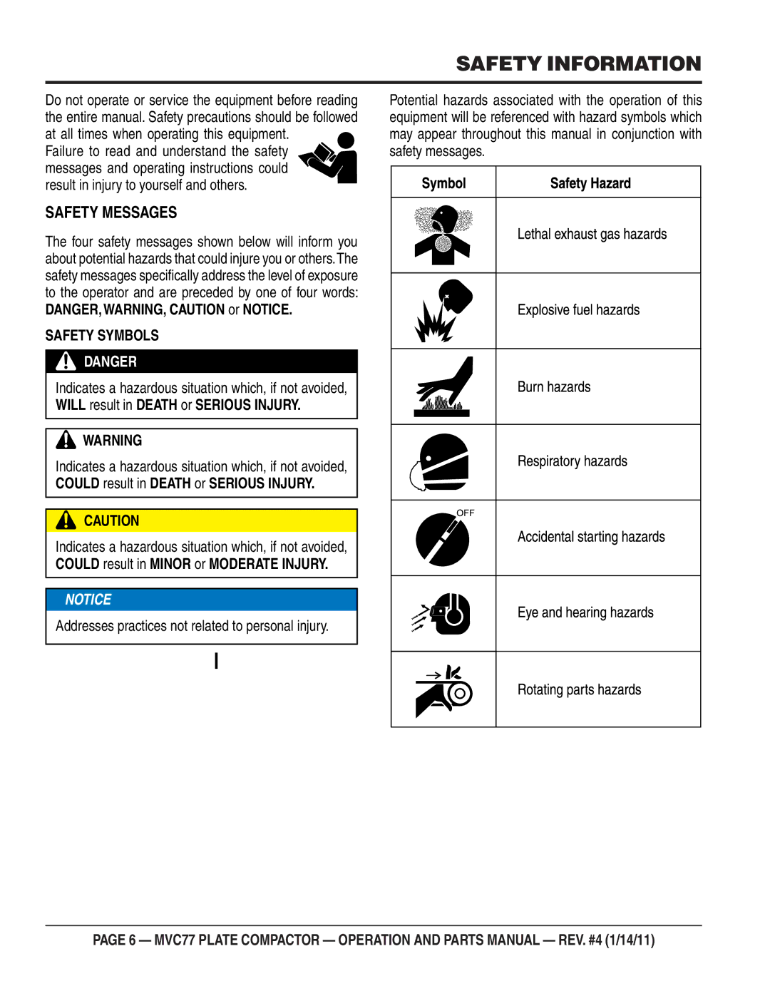 Multiquip ONE-WAY PLATE COMPACTOR manual Safety Information, Safety Messages 