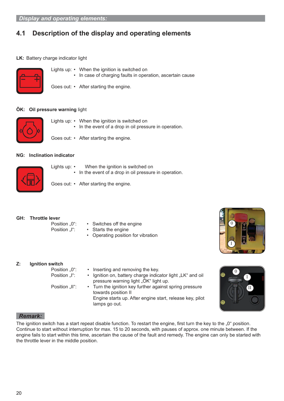 Multiquip P33/24 HHMR operation manual Description of the display and operating elements, ÖK Oil pressure warning light 