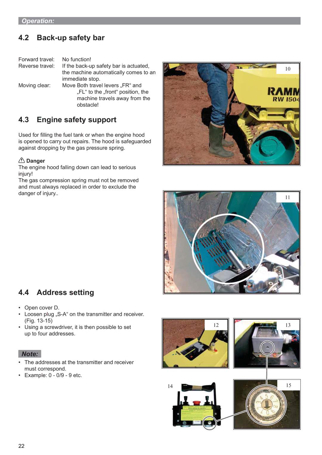 Multiquip P33/24 HHMR operation manual Back-up safety bar, Engine safety support, Address setting 