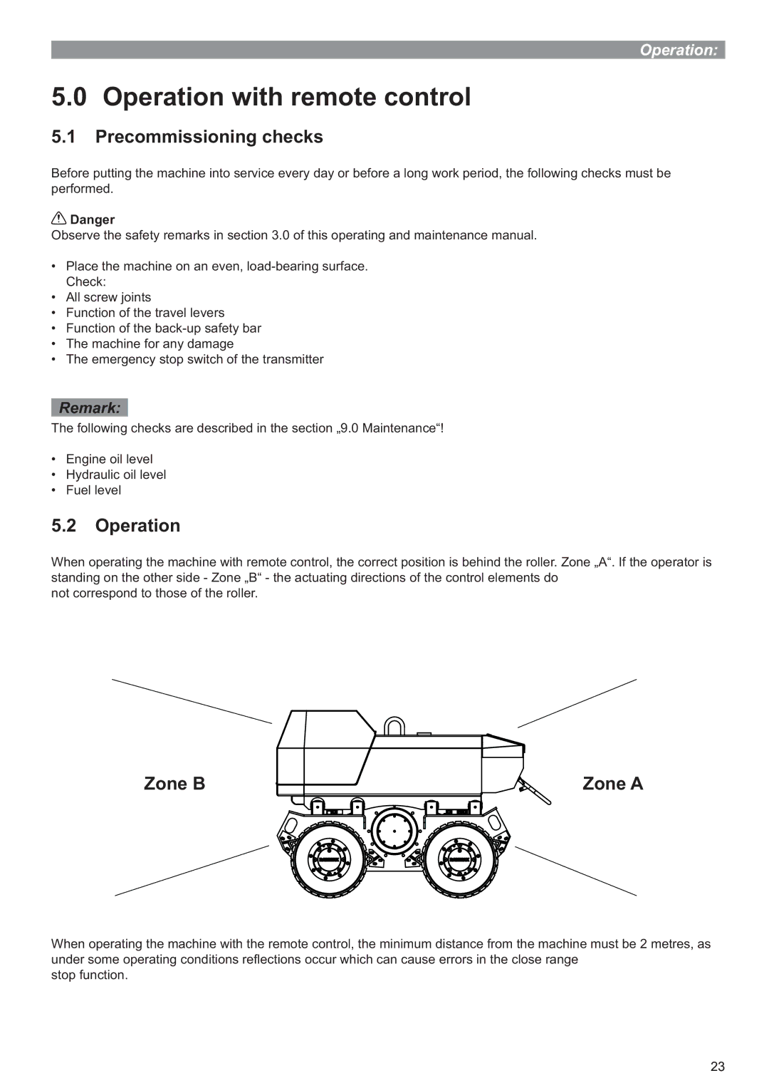 Multiquip P33/24 HHMR operation manual Operation with remote control, Precommissioning checks, Zone B 