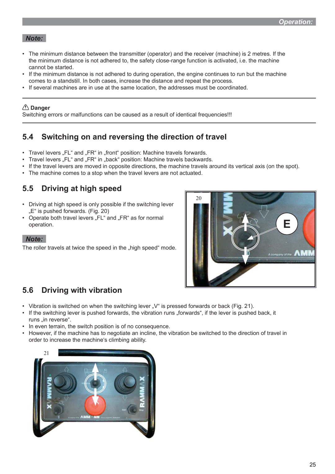 Multiquip P33/24 HHMR Switching on and reversing the direction of travel, Driving at high speed, Driving with vibration 