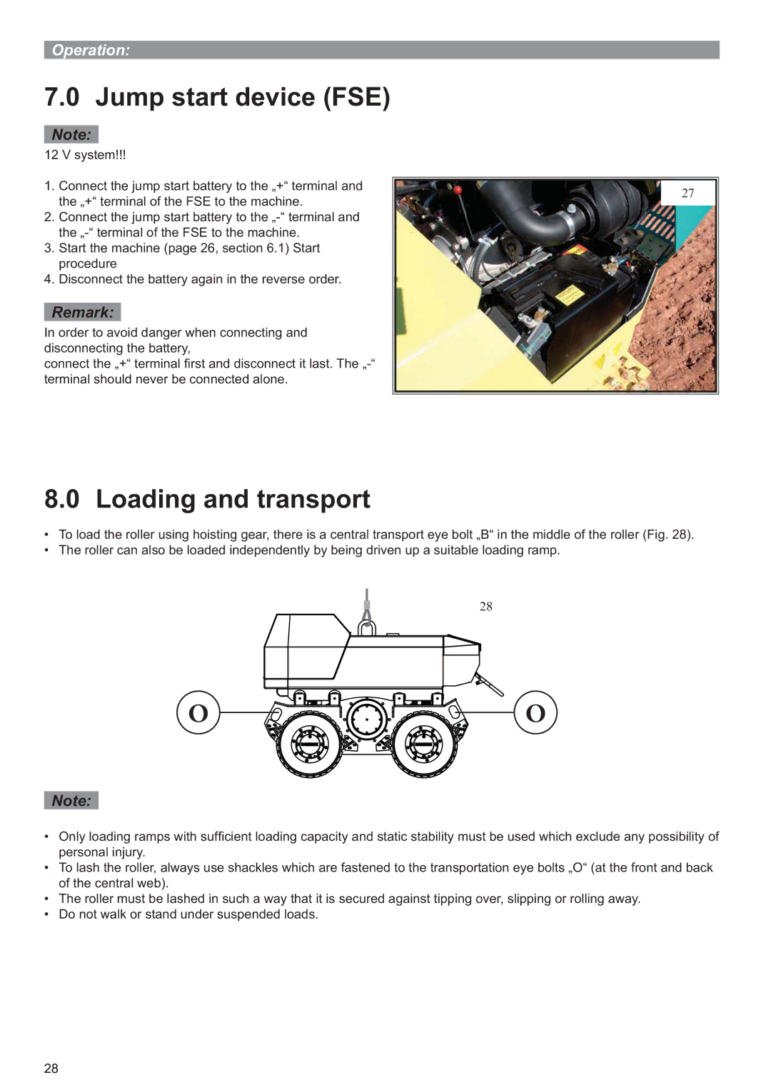 Multiquip P33/24 HHMR operation manual Jump start device FSE, Loading and transport 