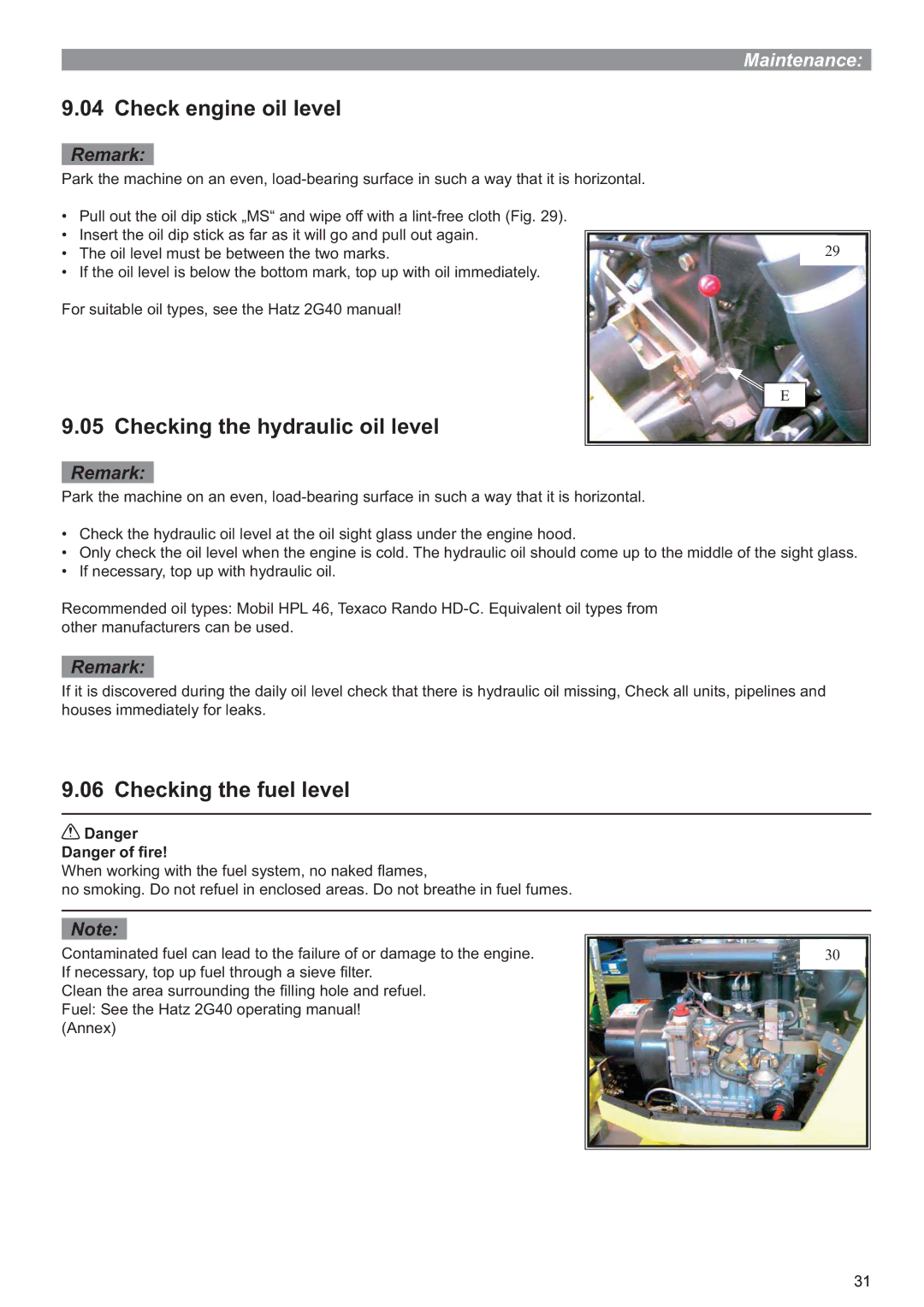 Multiquip P33/24 HHMR operation manual Check engine oil level, Checking the hydraulic oil level, Checking the fuel level 