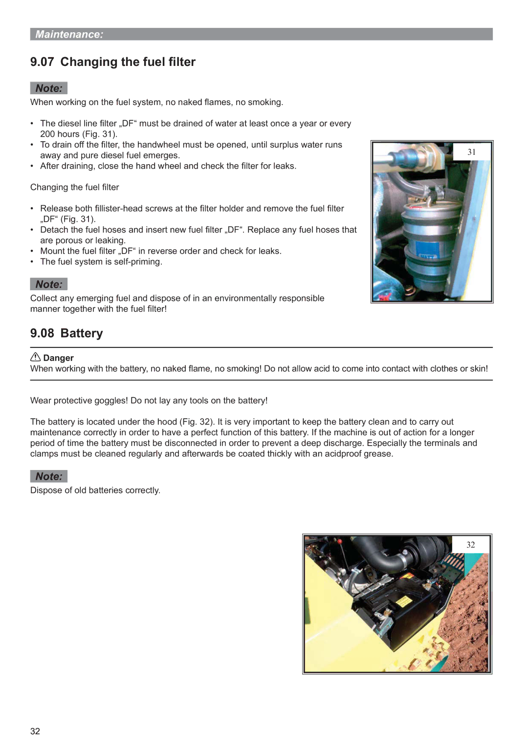 Multiquip P33/24 HHMR operation manual Changing the fuel ﬁlter, Battery 