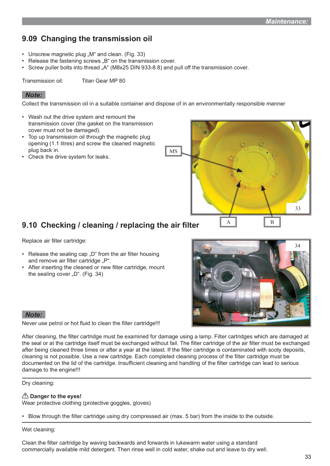 Multiquip P33/24 HHMR operation manual Changing the transmission oil, Checking / cleaning / replacing the air ﬁlter 