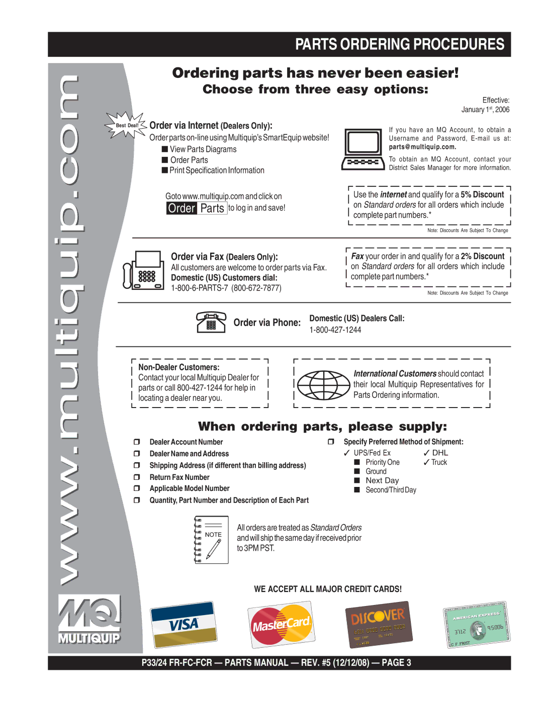 Multiquip P33/24 manual Parts Ordering Procedures 