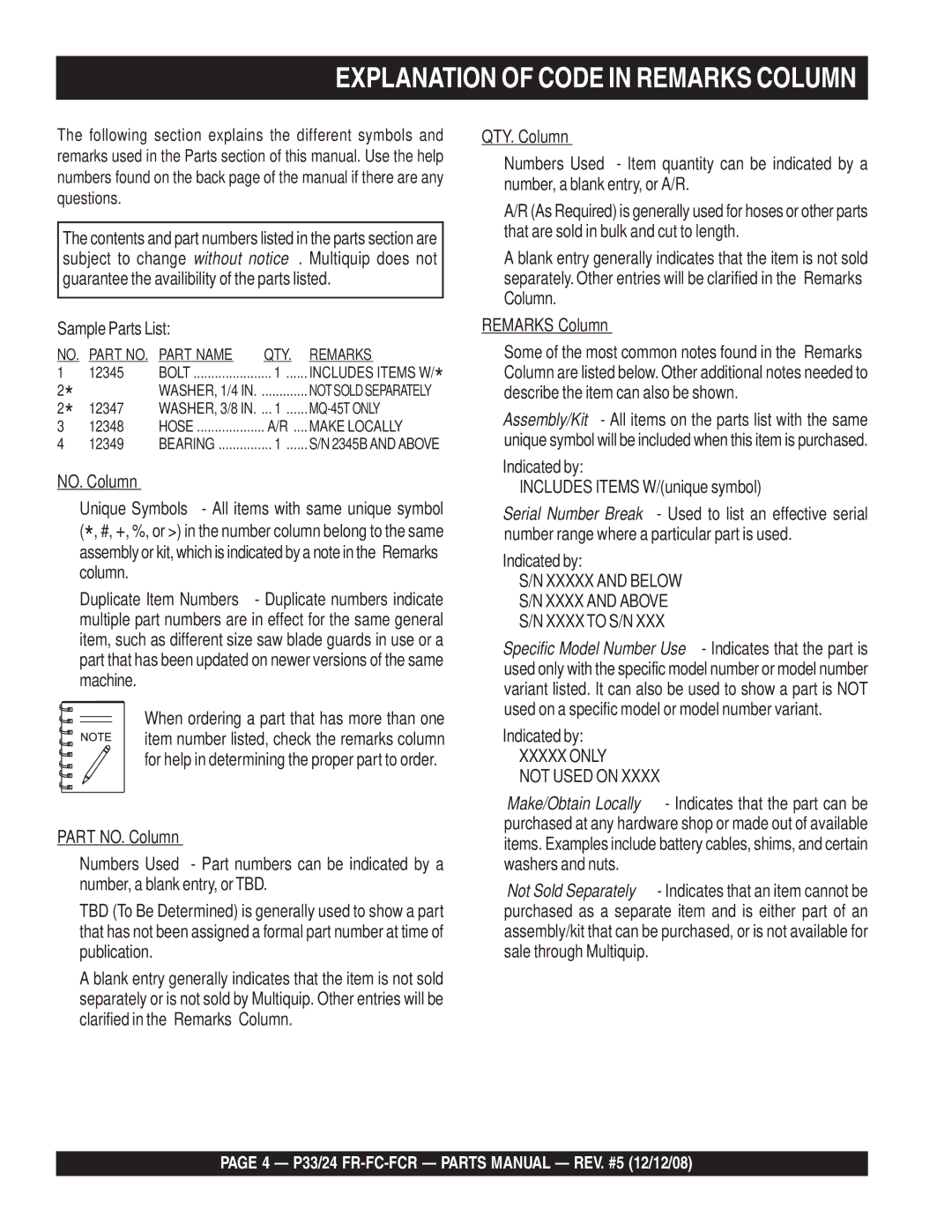 Multiquip P33/24 manual Explanation of Code in Remarks Column, Sample Parts List 