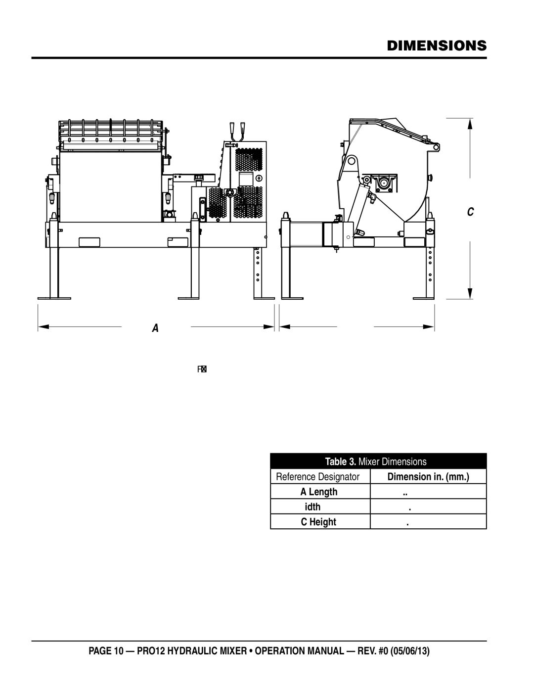 Multiquip pro12 operation manual Dimensions, Dimension in. mm 