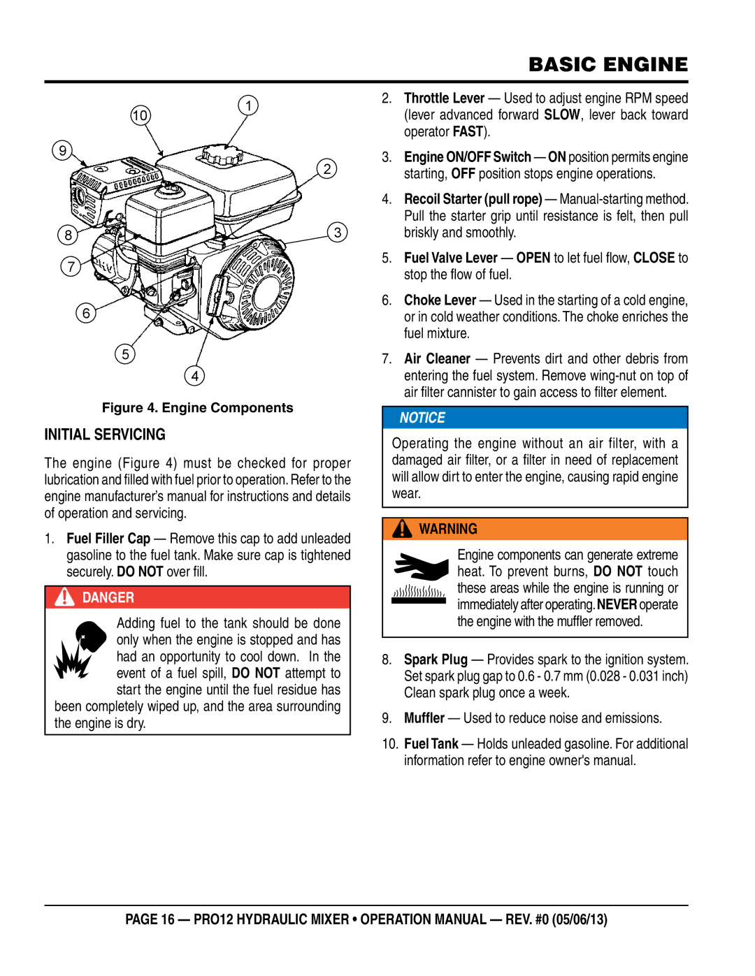 Multiquip pro12 operation manual Basic engine, Initial Servicing 