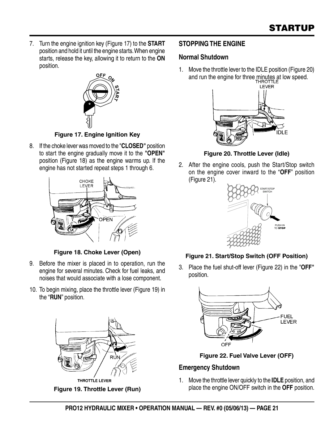 Multiquip pro12 operation manual Stopping the Engine Normal Shutdown, Emergency Shutdown 