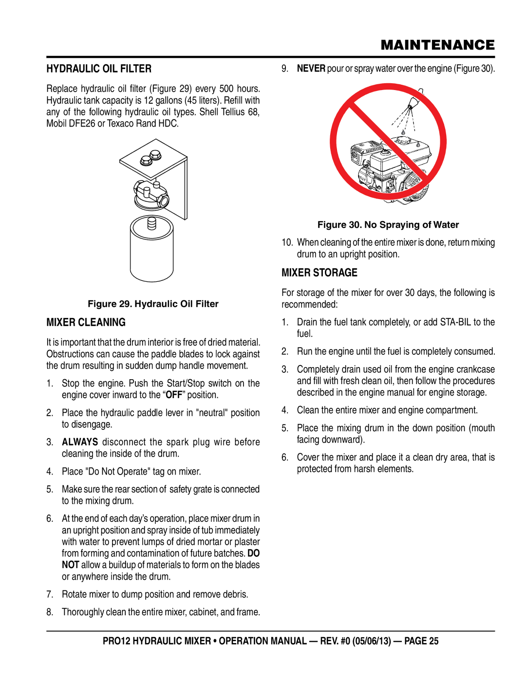 Multiquip pro12 operation manual Hydraulic oil filter, Mixer Cleaning, Mixer Storage 