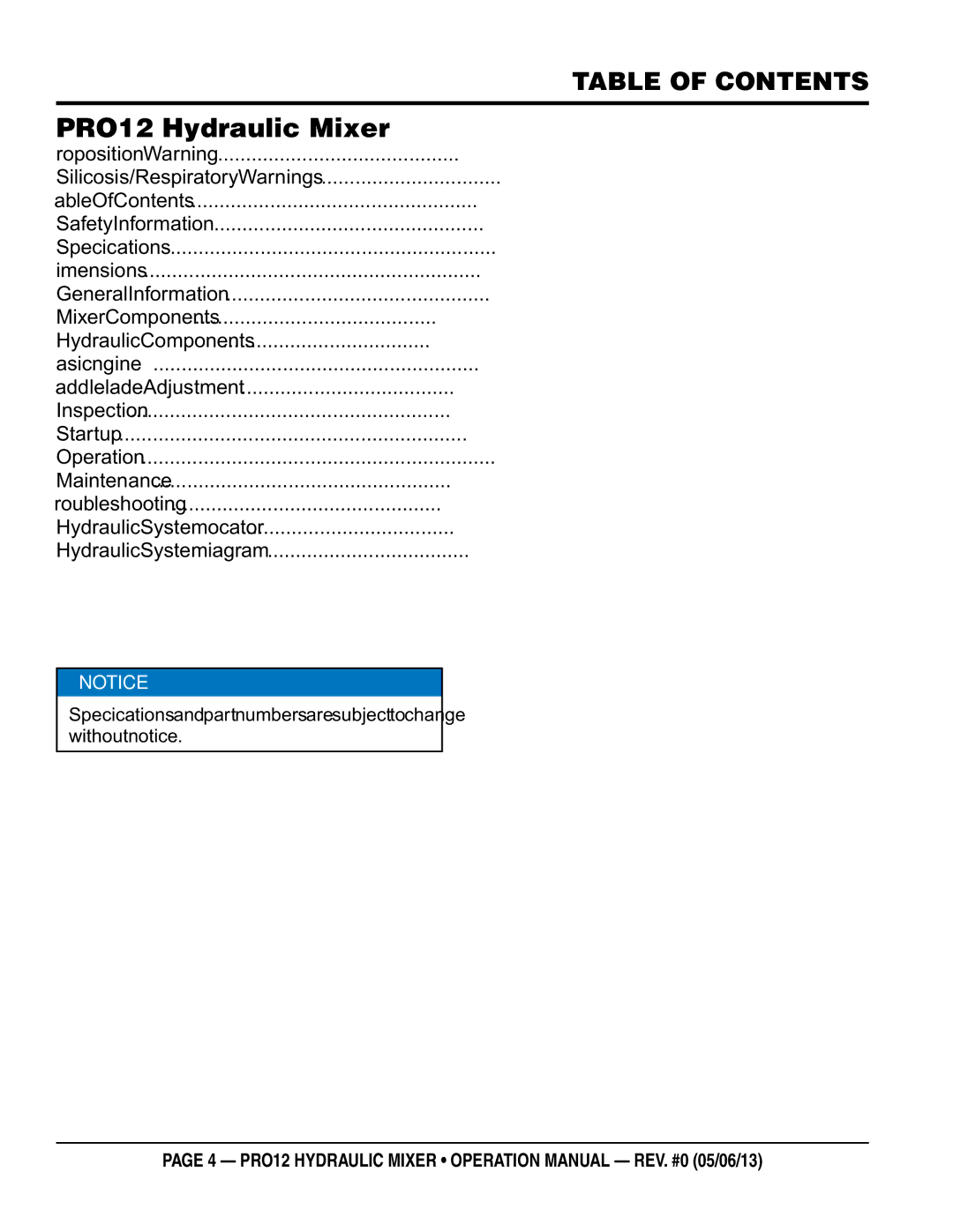 Multiquip pro12 operation manual PRO12 Hydraulic Mixer, Table of Contents 