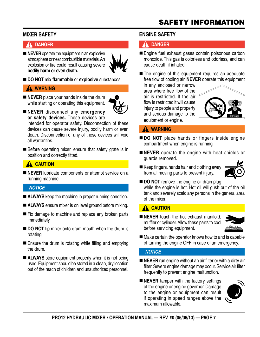 Multiquip pro12 operation manual Mixer saFety, Engine saFety,  do not mix flammable or explosive substances 