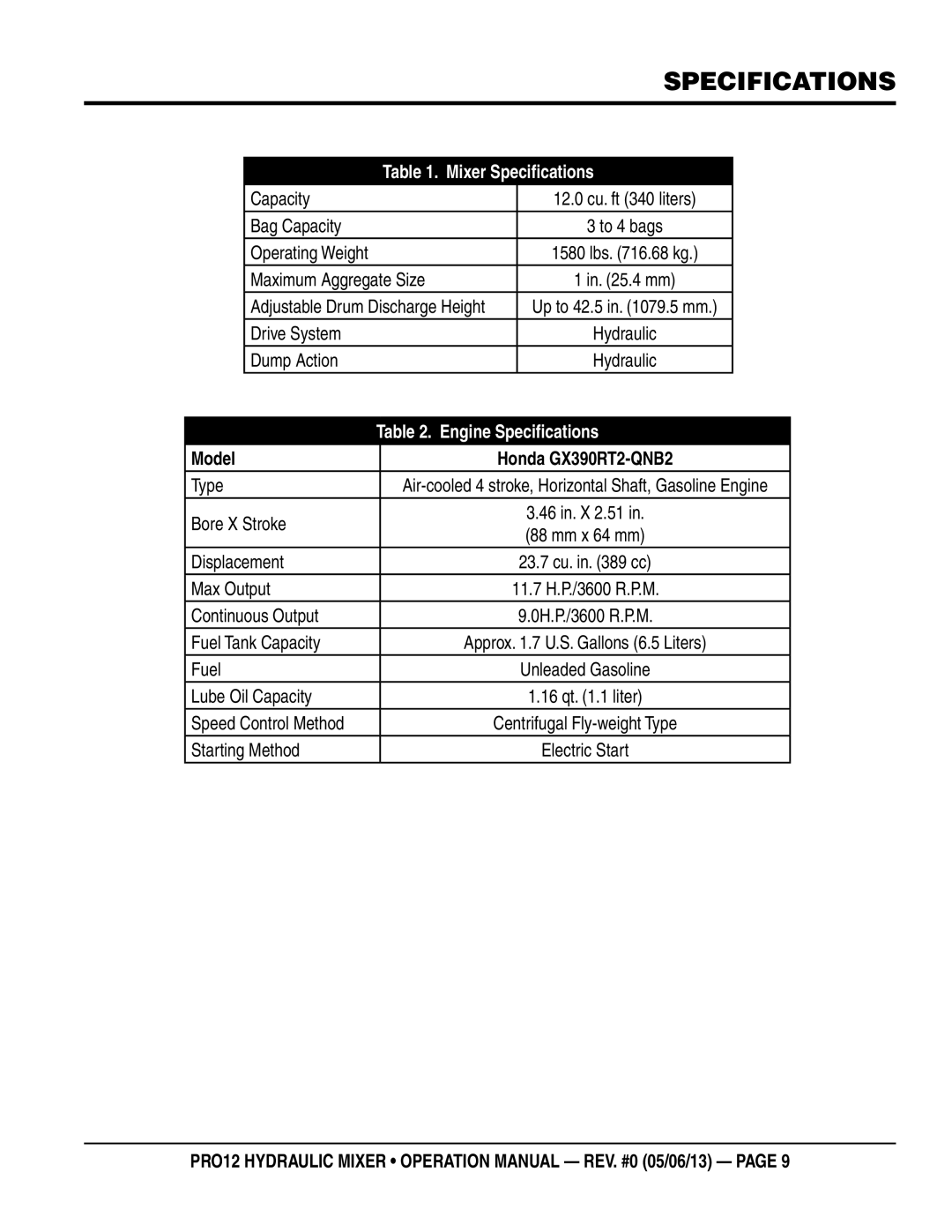 Multiquip pro12 operation manual Specifications, Model 