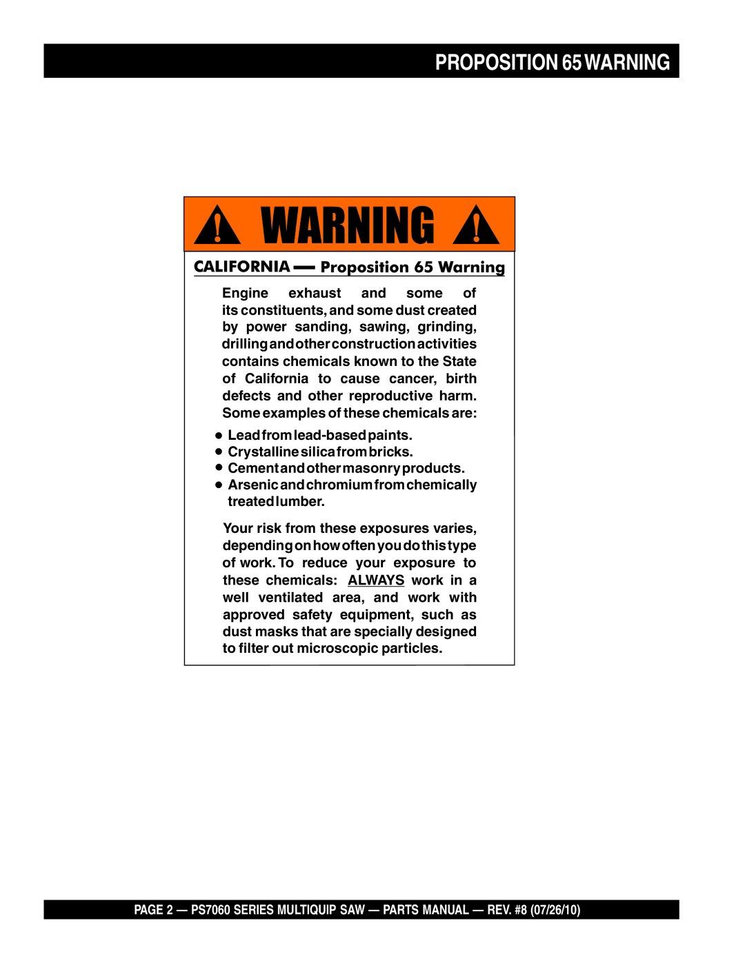 Multiquip PS706036, PS706026, PS706020, PS706030, PS706016 manual Proposition 65WARNING 