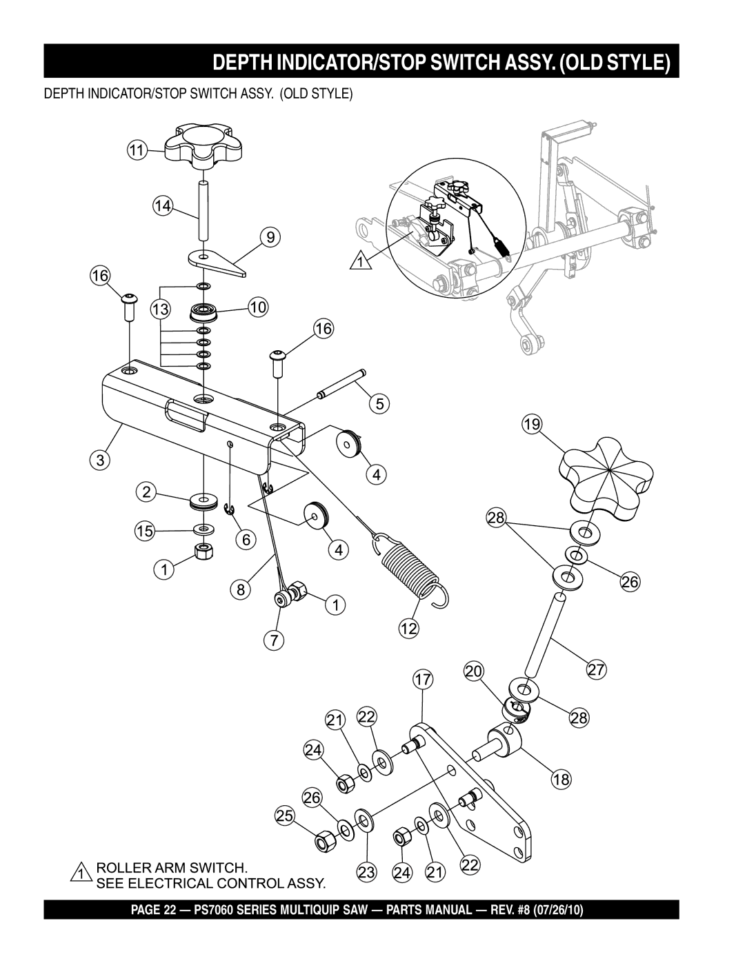 Multiquip PS706036, PS706026, PS706020, PS706030, PS706016 manual Depth INDICATOR/STOP Switch ASSY. OLD Style 