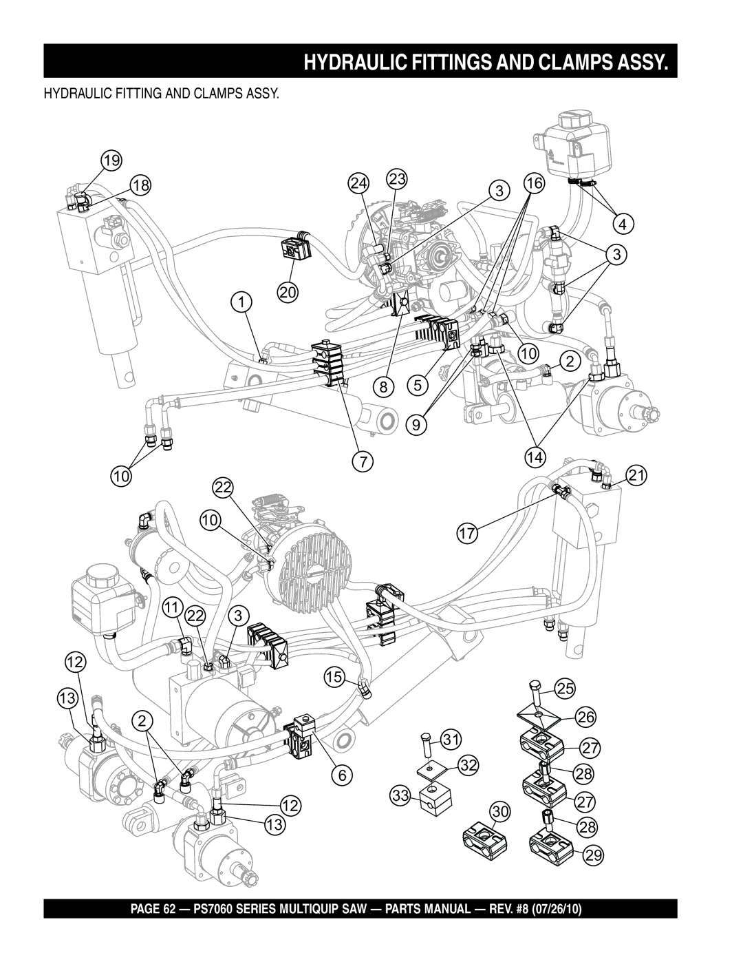 Multiquip PS706036, PS706026, PS706020, PS706030 manual Hydraulic Fittings and Clamps Assy, Hydraulic Fitting and Clamps Assy 