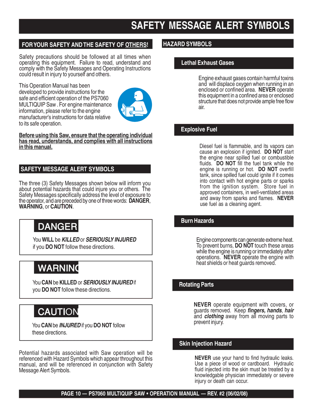 Multiquip PS706036, PS706026 PS706030, PS706020, PS706016 operation manual Safety Message Alert Symbols 