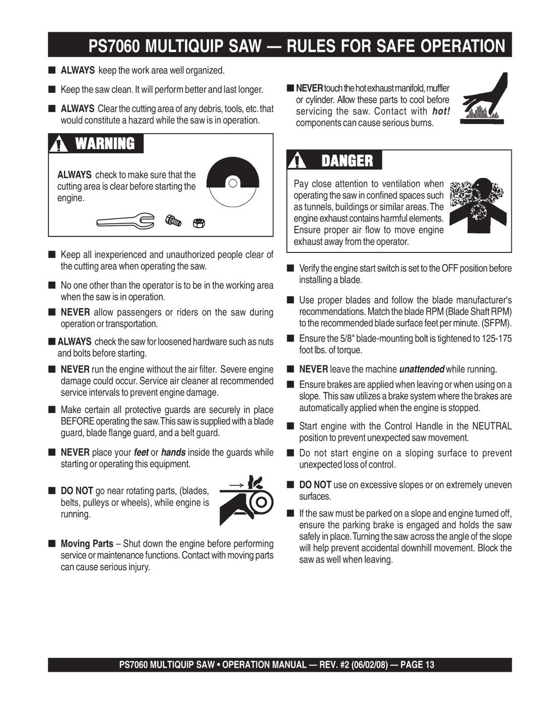 Multiquip PS706020, PS706036 PS7060 Multiquip SAW Rules for Safe Operation, Always keep the work area well organized 